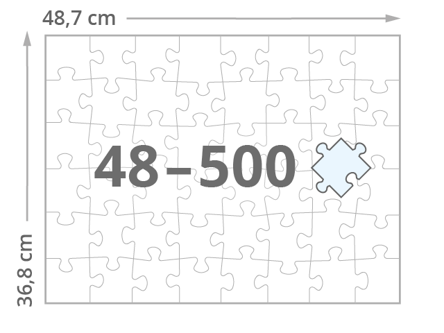 Gelegte Größe der Puzzles mit 48, 100, 200 und 500 Teilen: ca. 48 x 36 cm
